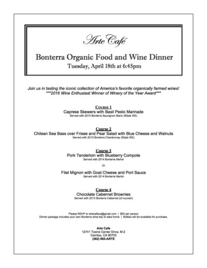 Arte Cafe Bonterra Vineyards Organic Food & Wine Dinner