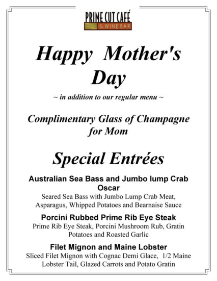 Prime Cut Cafe Mother's Day Menu