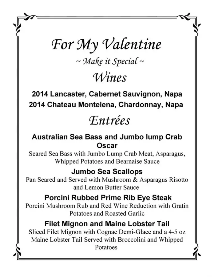 Prime Cut Cafe Valentines Menu