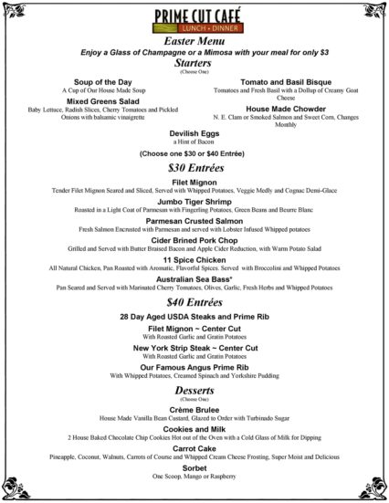 Prime Cut Cafe Easter Menu 2018