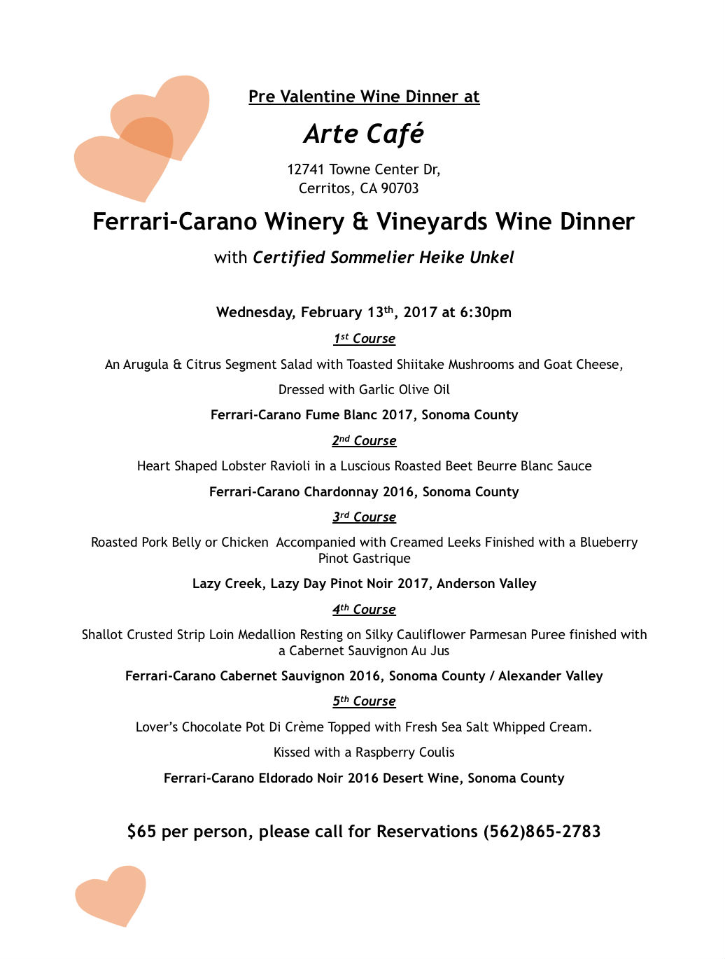 Arte Cafe Wine Dinner Menu