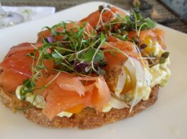 Andrei's Salmon Toast - Gravlax, free-range California egg salad, tomato, shaved red onion, capers, and grilled sourdough bread