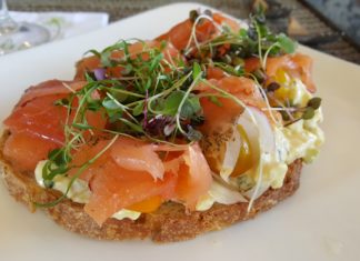 Andrei's Salmon Toast - Gravlax, free-range California egg salad, tomato, shaved red onion, capers, and grilled sourdough bread