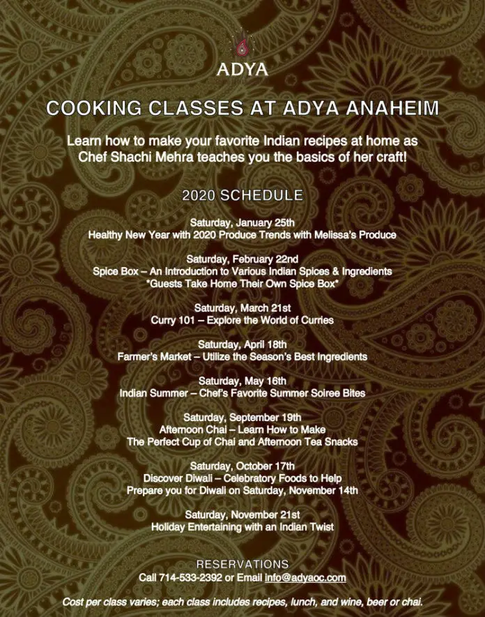 Adya Anaheim Cooking Class Schedule 2020