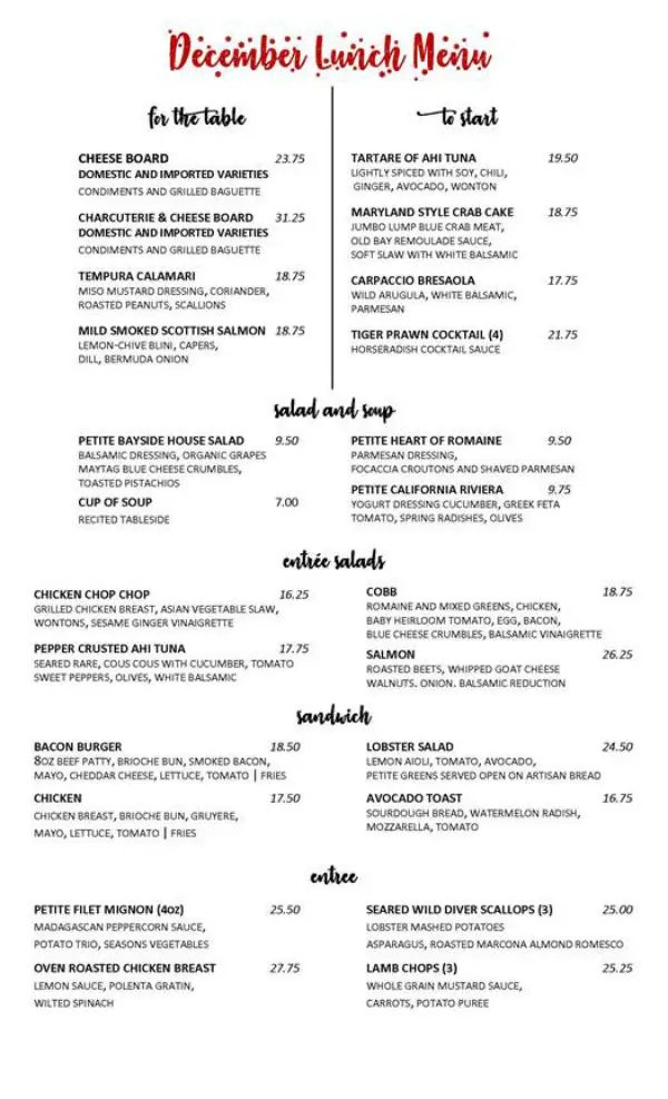 Bayside December 2019 Lunch Menu