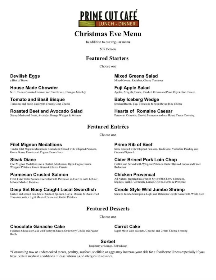 Prim Cut Cafe Christmas Eve Menu