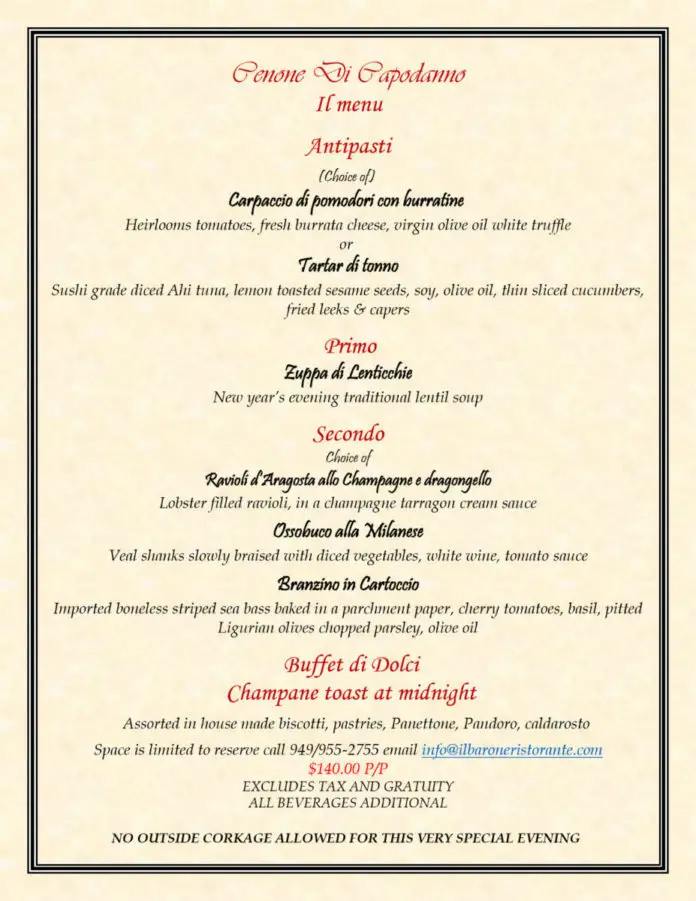 Il Barone Ristorante New Years Eve Menu