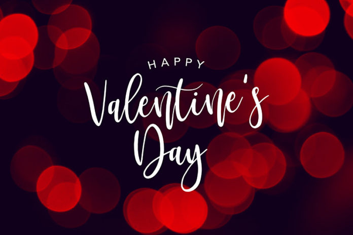 Happy Valentine's Day Celebration Text Over Red Duotone Bokeh Lights Background