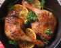 Roasted Duck Leg With Oranges In A Pan Close Up Horizontal View From Above