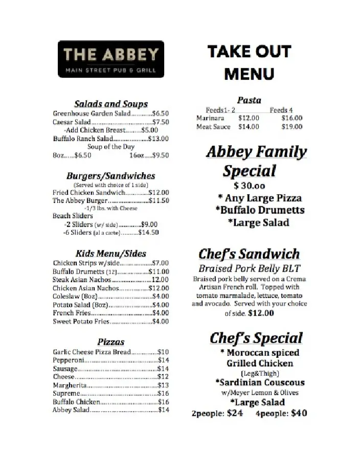 Abbey Take Out Menu 5 24 2020