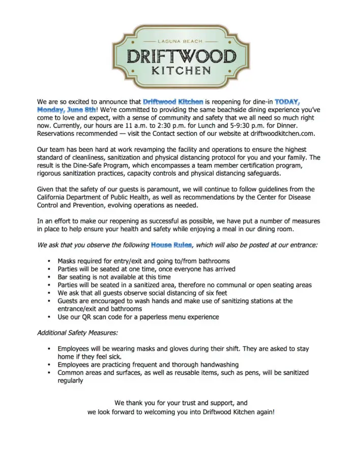 Driftwood Kitchen Reopening